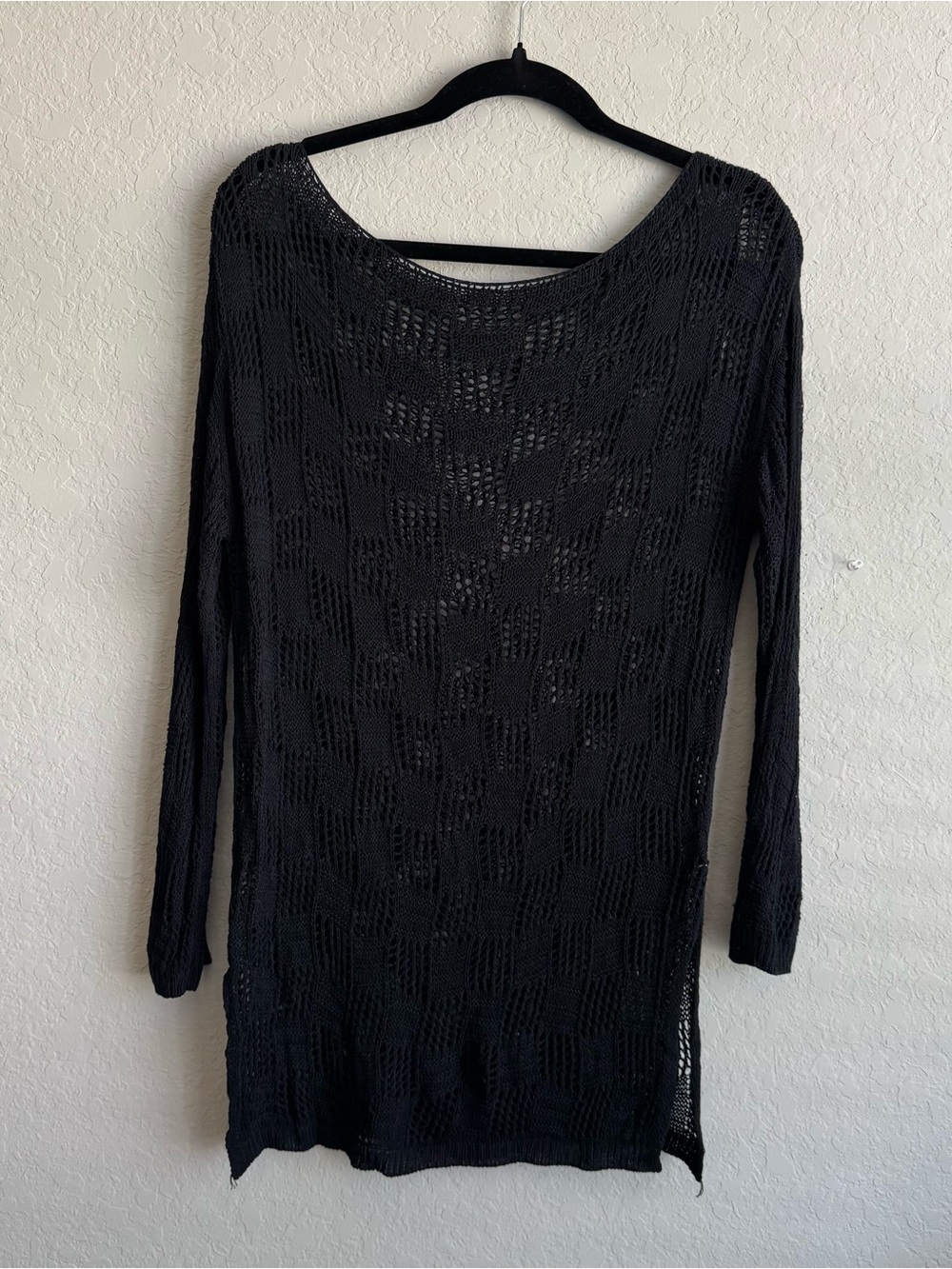 SHEIN Black Checkered Open Knit Swim Cover Up Tunic Sweater Size Small GUC